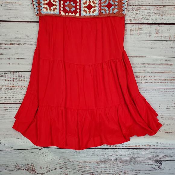New York & Company L Cottage Ruffle Tier Dress Red Multi Crochet Top Flare Skirt - Picture 4 of 16